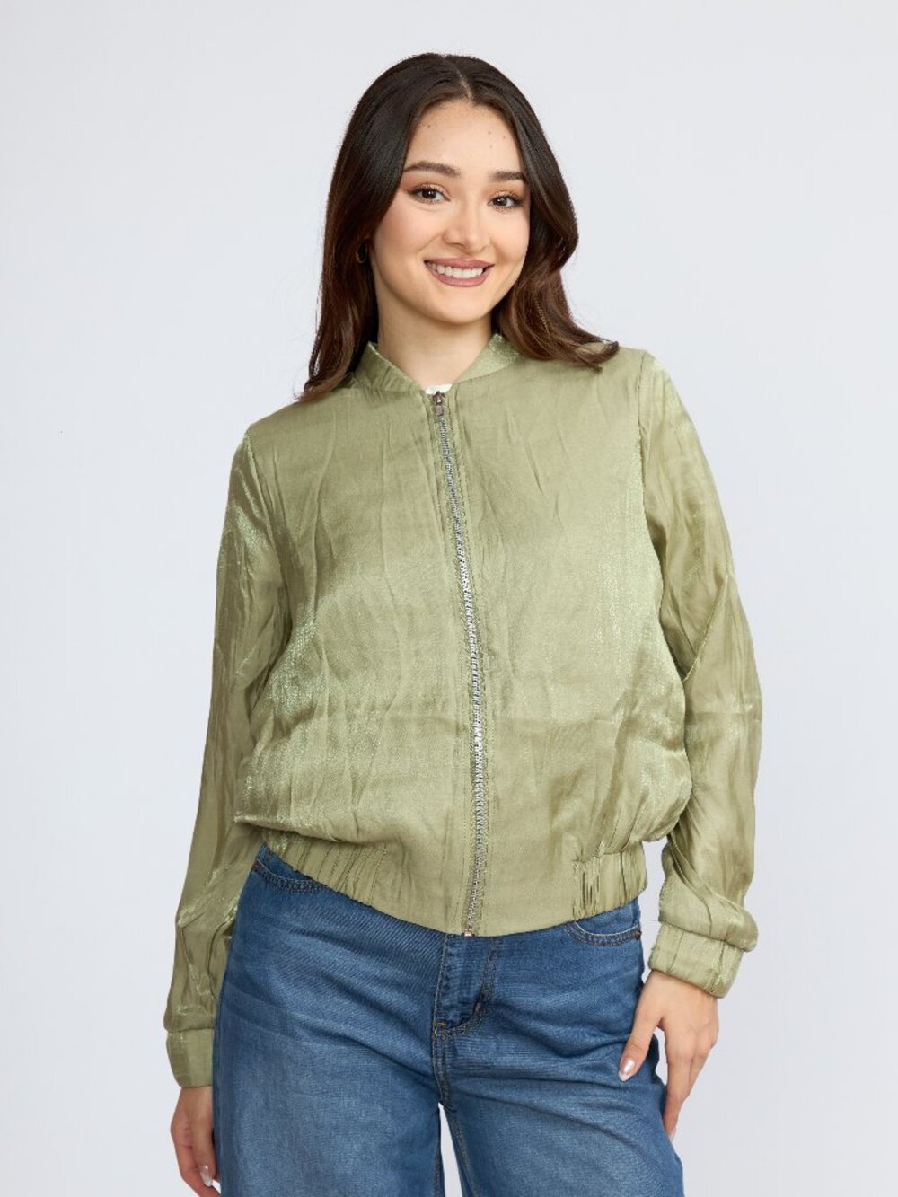 Women's Metallic Bomber Jacket, Lightweight Zip-Up Satin Jacket with Elastic